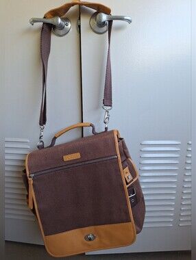 BODHI Genuine Leather & Canvas Messenger Bag Briefcase Brown 12x13"